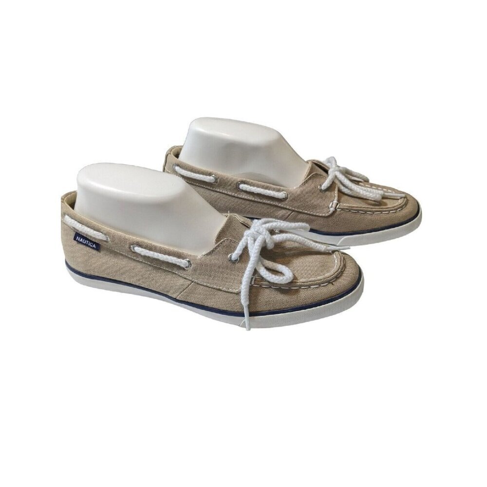 Nautica Womens Size 9 Boat Shoes Tan Canvas White Laced Deck Marine Flats Casual - Picture 3 of 11
